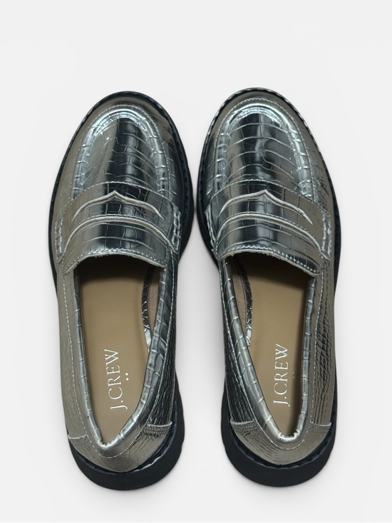 J. Crew Shoes - J. Crew Winona Lugsole Penny Loafers Metallic Silver Croc-Embossed Faux Leather